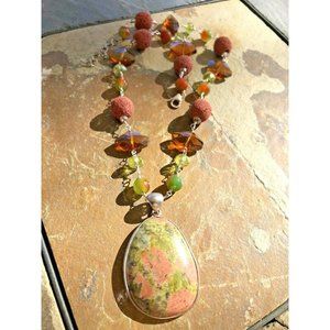 Artisan Sterling Statetement Necklace Unakite Lava Bead Watermelon Jade Signed